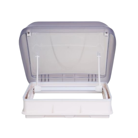 Freucamp Dachfenster 40x40 cm mit weitem Öffnungswinkel und stabilen Ausstellern.