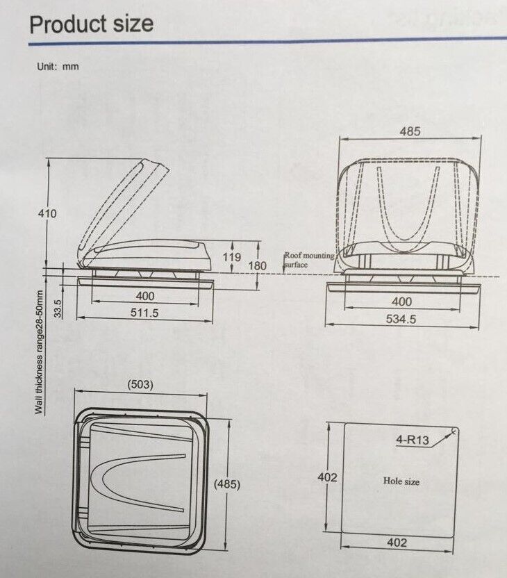 Technische Zeichnung und Einbaumaße (400x400 mm) der Freucamp Dachhaube.