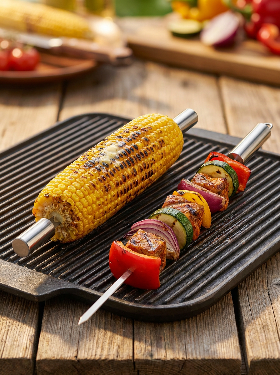 KI-Visualisierung | Maiskolbenhalter und Grillspieß aus dem BBQ Set in Aktion auf dem Grill