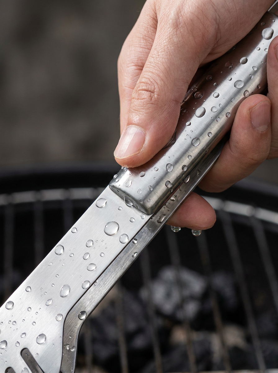 KI-Visualisierung | Edelstahlgriff des BBQ Grillbesteck Sets mit Wassertropfen, rostfrei