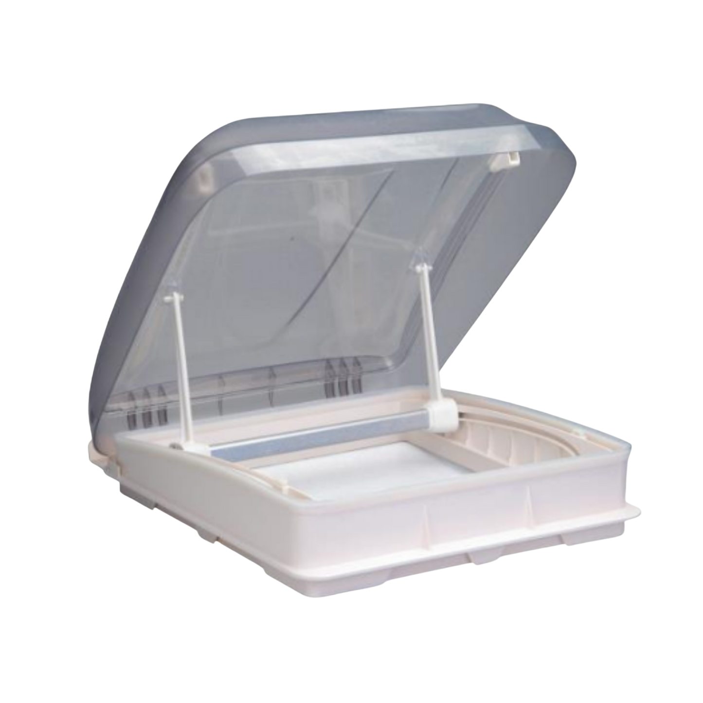 Aerodynamische Freucamp Dachluke 40x40 cm im geöffneten Zustand mit zwei Öffnungsstufen.