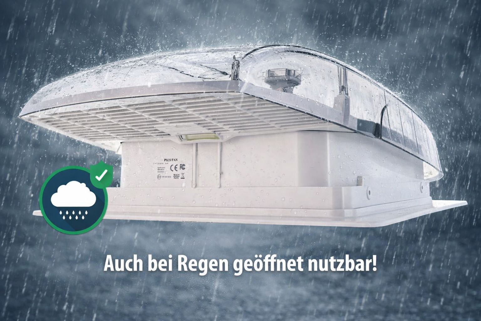 Freucamp Dachhaube Plus Fan – auch bei Regen geöffnet nutzbar dank Regenschutz