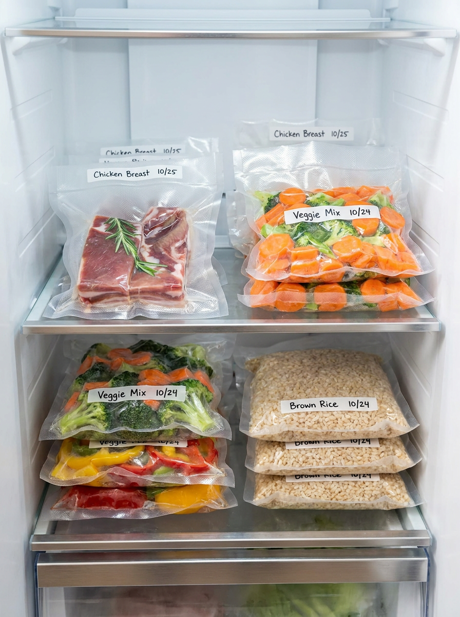 KI-Visualisierung | Vakuumierte Meal-Prep-Portionen ordentlich im Kühlschrank gelagert