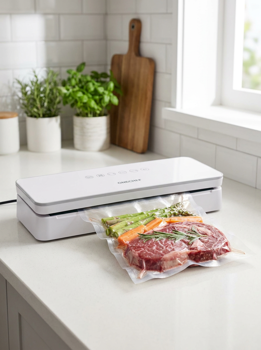 KI-Visualisierung | ONECHEF 7002 vakuumiert Beutel mit frischem Fleisch und Gemüse