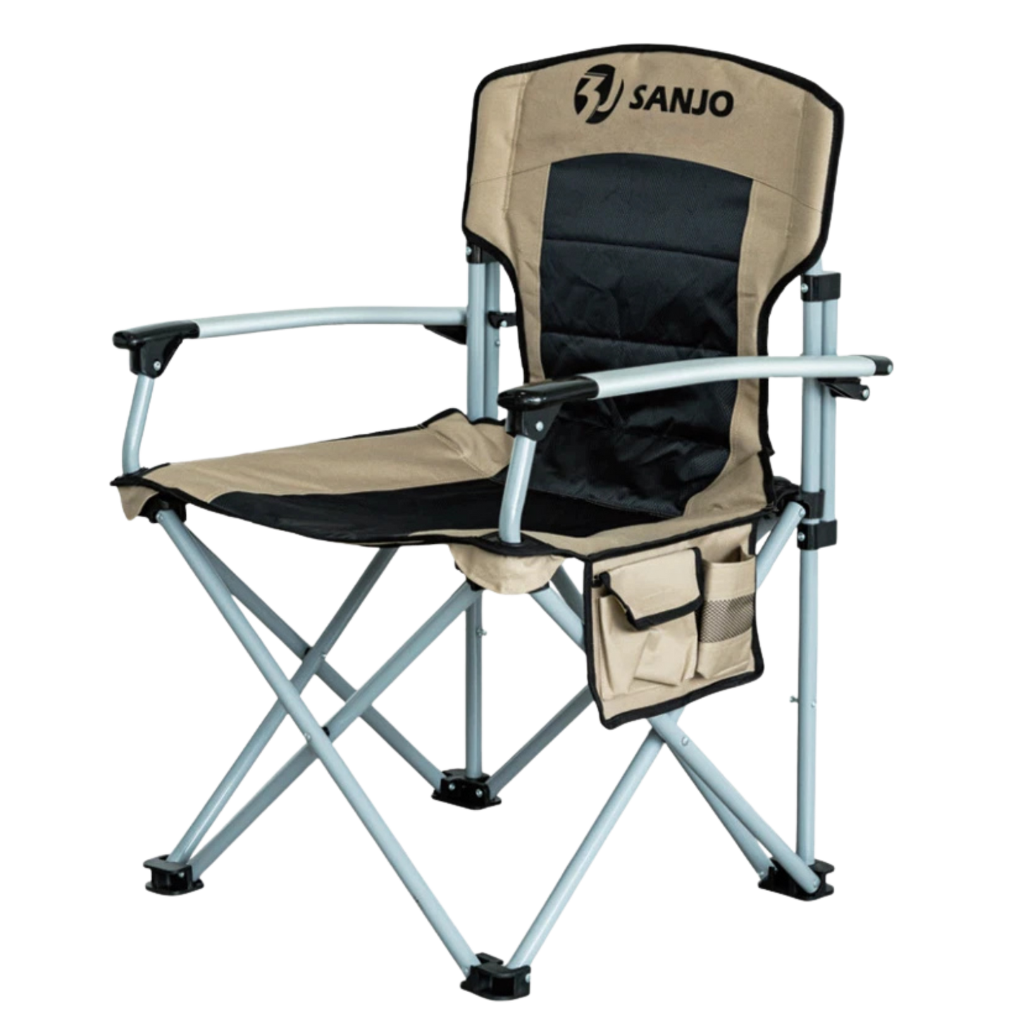 Sanjo Campingstuhl mit 200kg Tragkraft, silbernem Aluminium-Gestell und praktischer Organizer-Seitentasche.