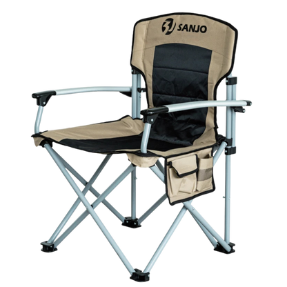 Sanjo Campingstuhl mit 200kg Tragkraft, silbernem Aluminium-Gestell und praktischer Organizer-Seitentasche.