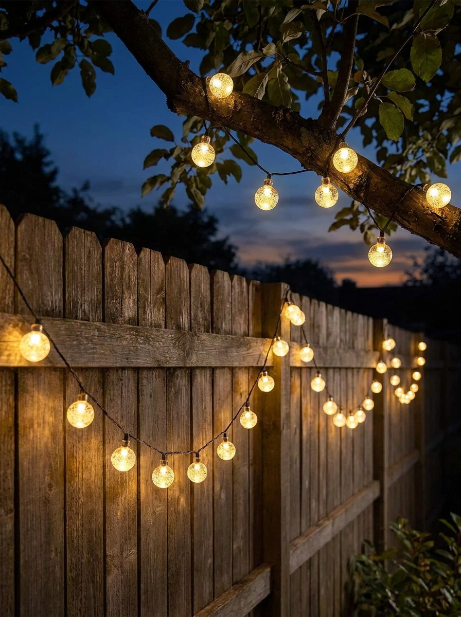 KI-Visualisierung | Solarlichterkette leuchtet automatisch bei Dämmerung am Gartenzaun