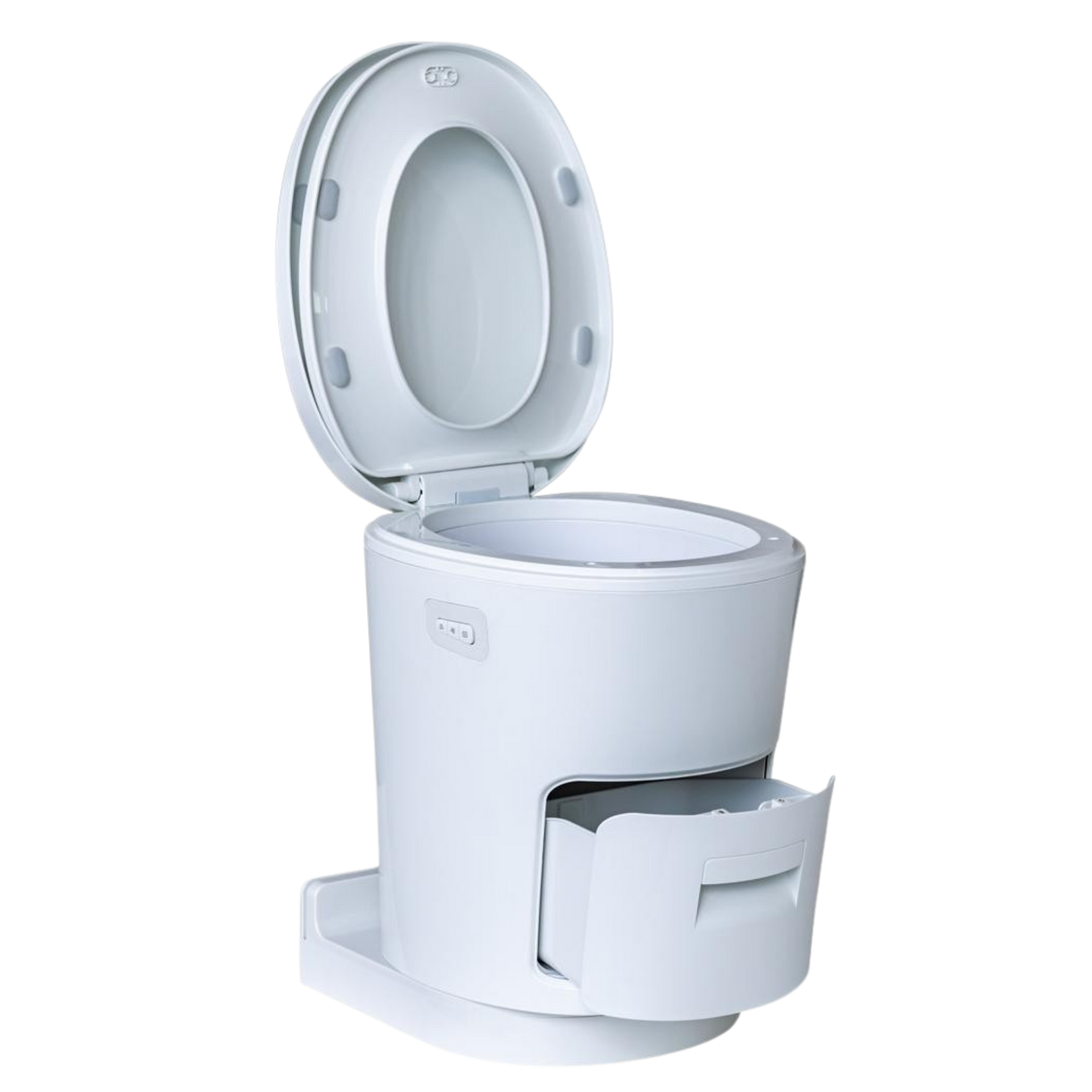 Weiße verschweißende 12V Toilette für Camper mit geöffnetem Deckel und ausziehbarem Entnahmefach für Folienbeutel – chemiefreie Clesana Alternative.